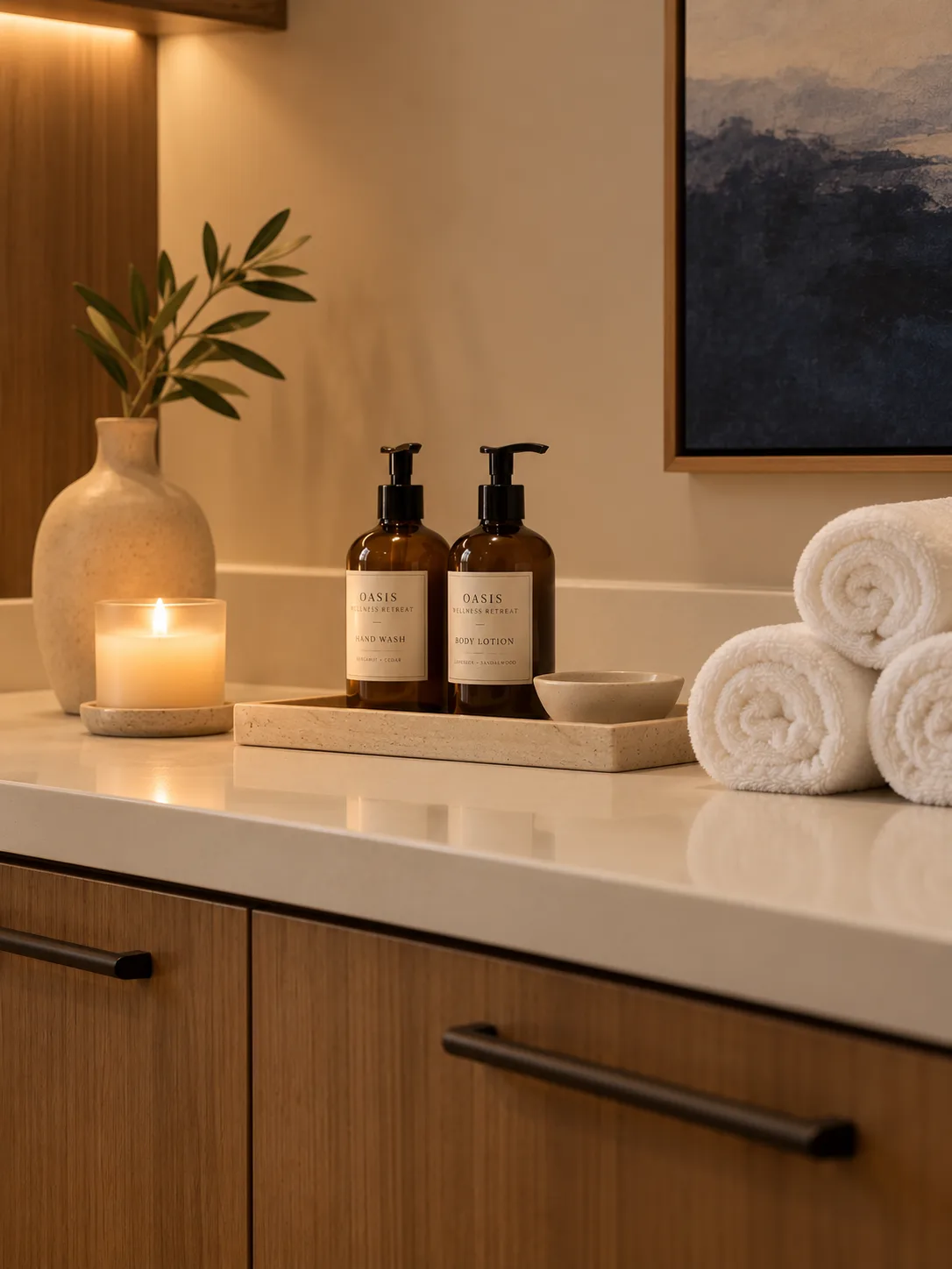Premium wellness products, candles, and warm towels at Oasis