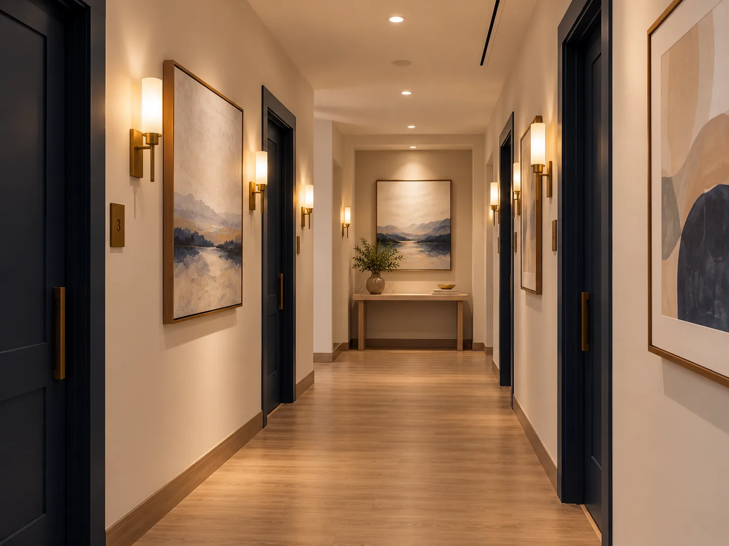 Spa hallway at Oasis Wellness Retreat with warm lighting and navy accents